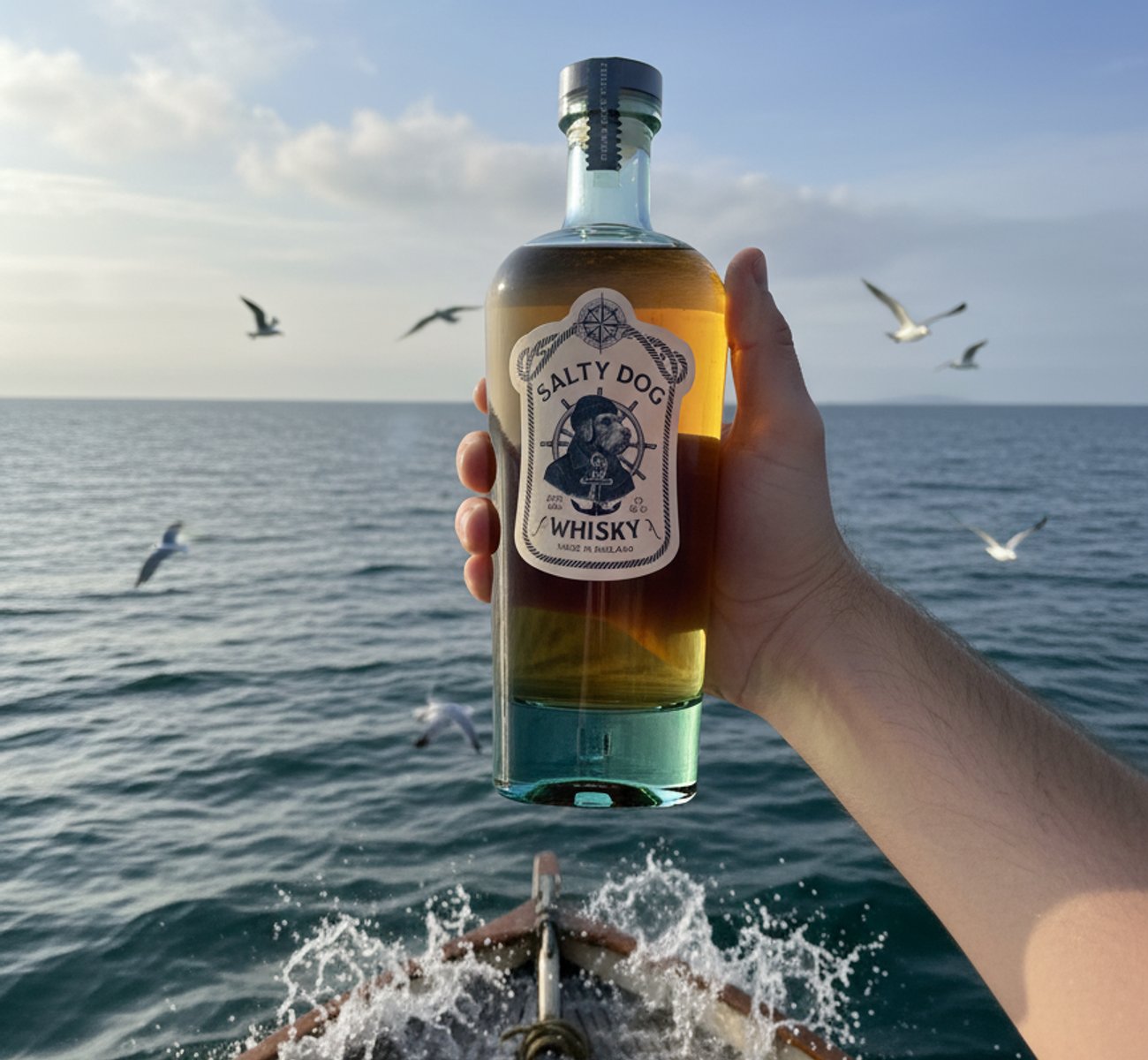 Salty Dog Whsiky being held on a ship