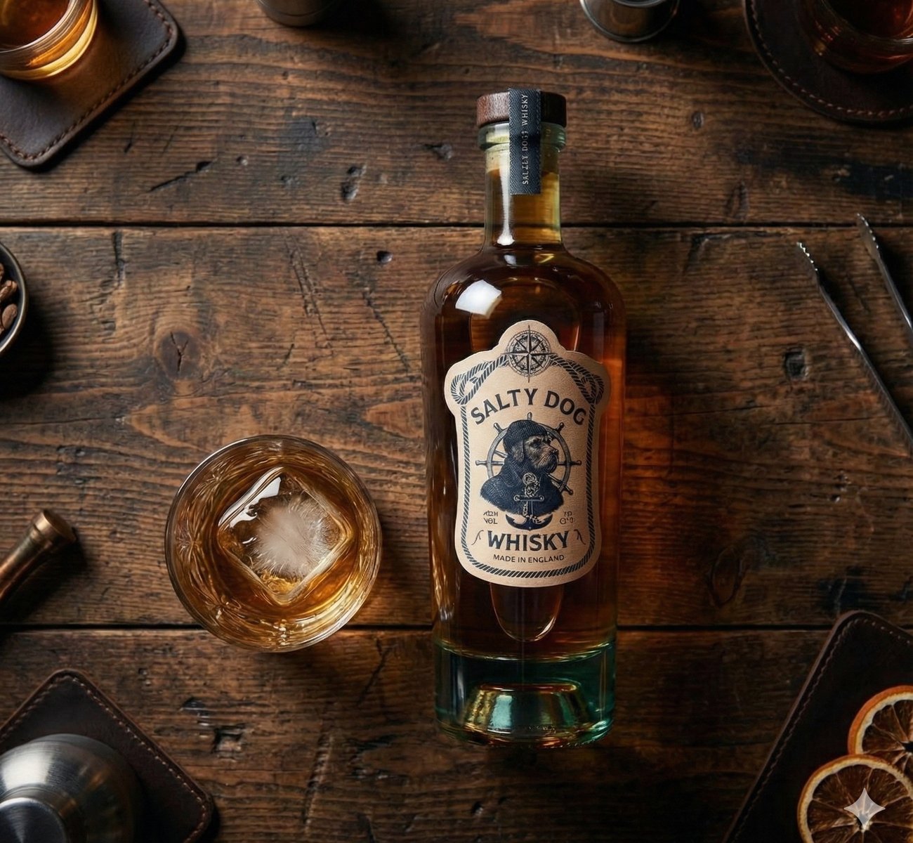 Salty Dog Whsiky being held on a ship